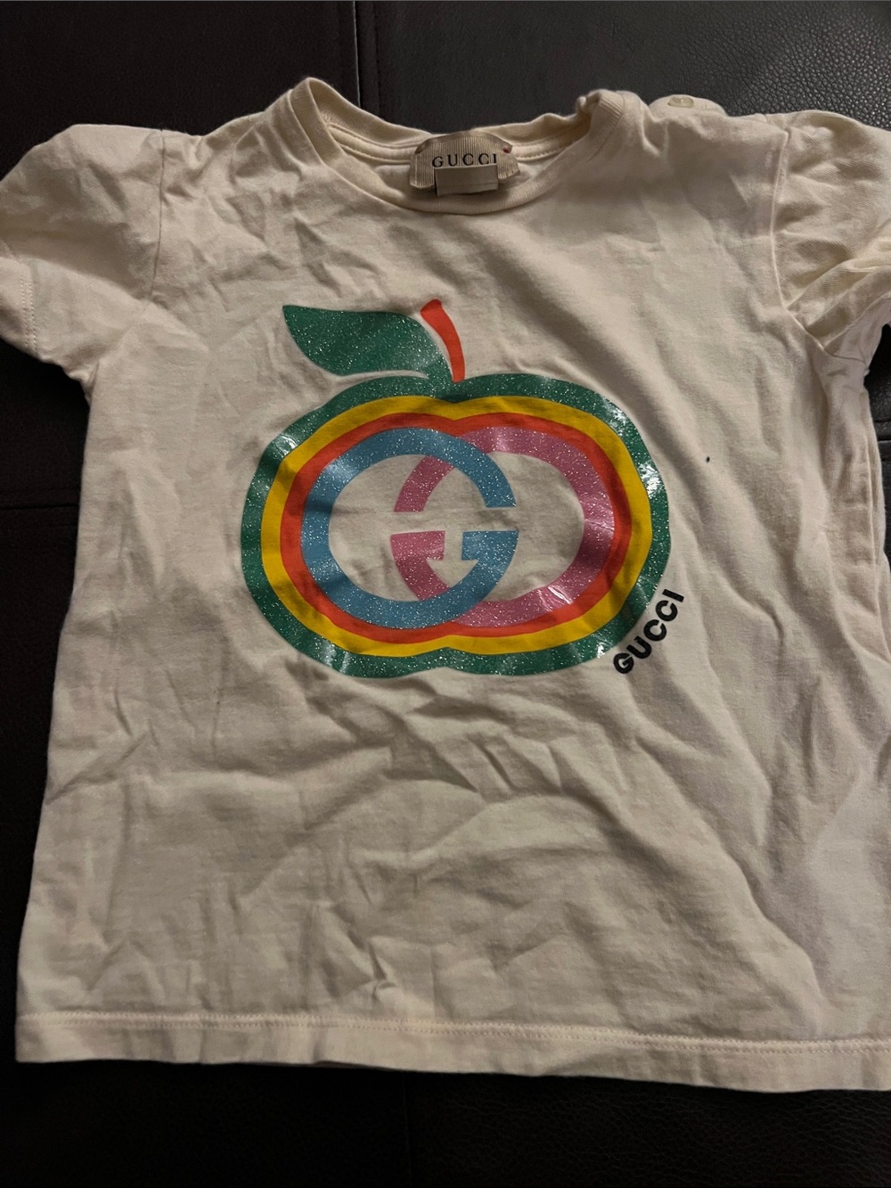 Gucci White Kids Short Sleeve Tee with Rainbow Apple Graphic